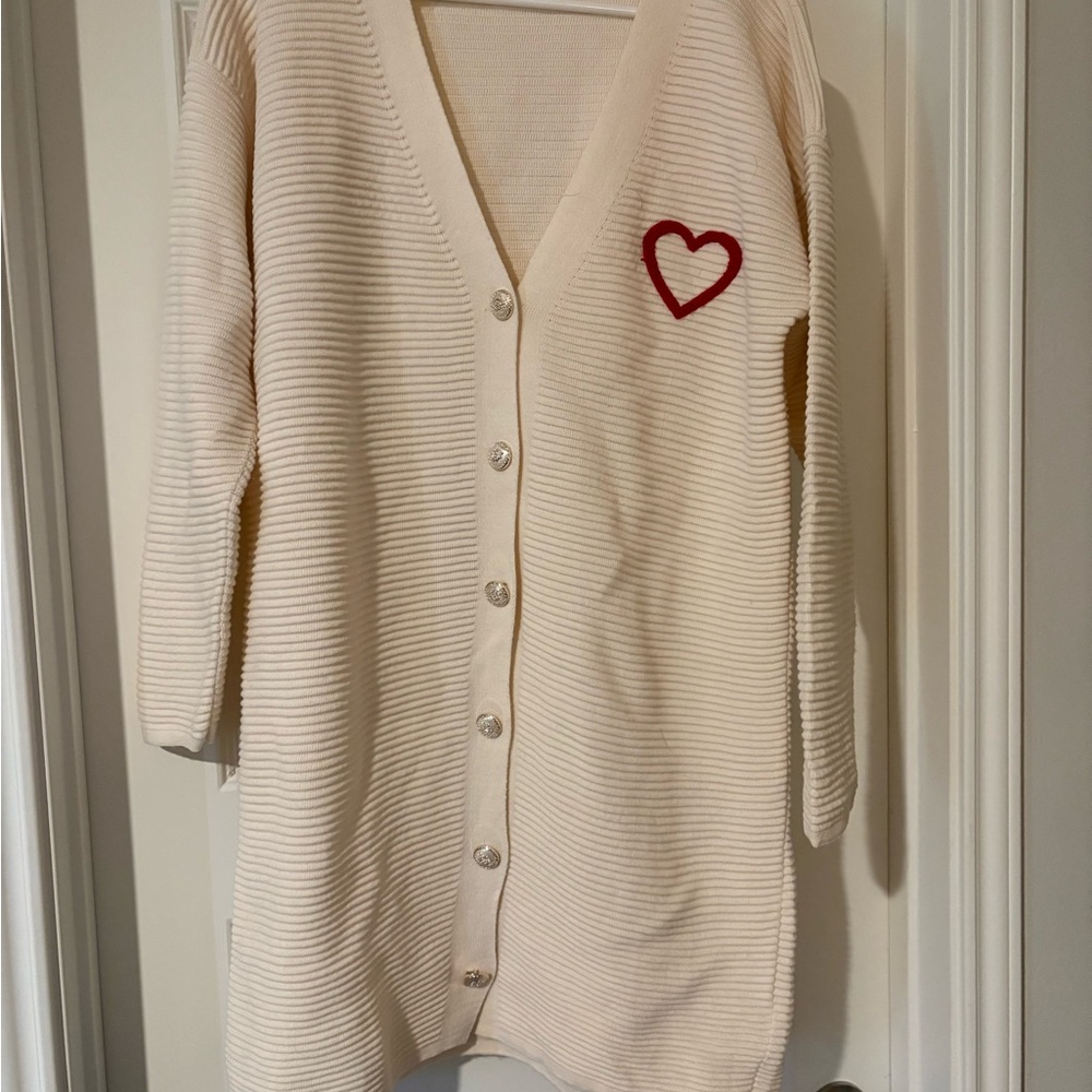 Cream Cardigan with Red Heart Accent